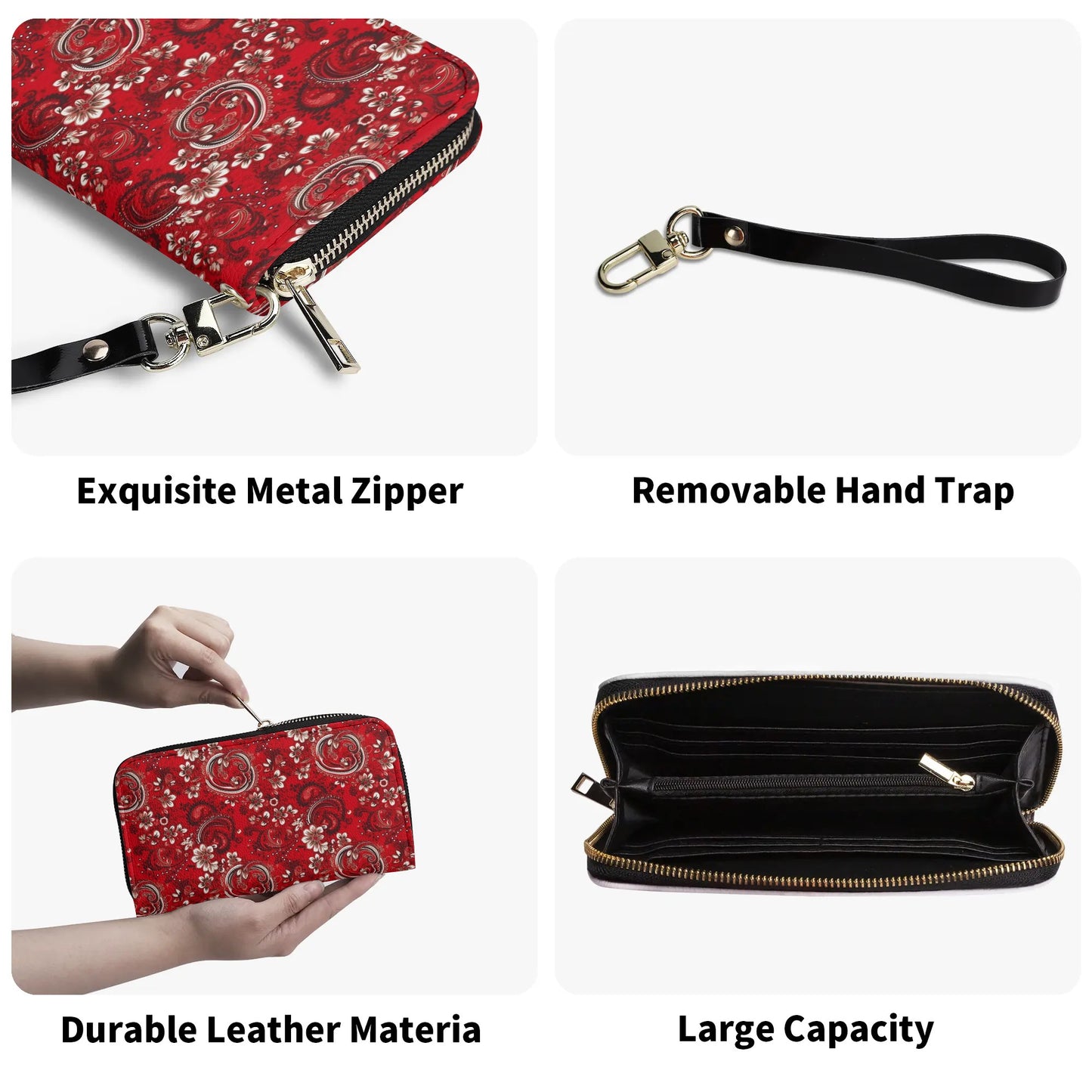 Red Paisley Wristlet Leather Wallet Women, Bandana Vegan Zipper Zip Around Credit Cards Pocket Ladies Coin Pouch Slim Strap Clutch Purse - Starcove Fashion