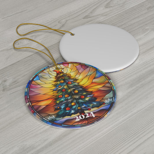 Christmas Tree 2024 Ornament, Printed Vintage Retro Stained Glass Decoration Holiday Gift Idea Heirloom Keepsake Round Ceramic Xmas