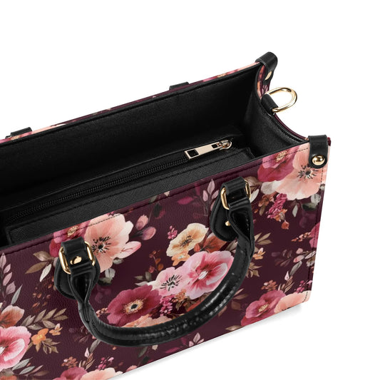 Burgundy Floral Shoulder Purse, Flowers Pink Vintage Crossbody Vegan Leather Top Handle Handbag Print Small Large Bag Women Ladies Designer - Starcove Fashion