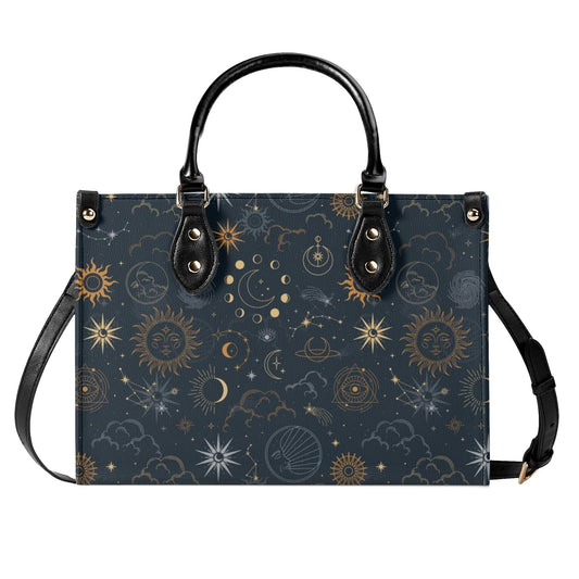 Sun Moon Stars Shoulder Purse, Celestial Space Galaxy Crossbody Vegan Leather Top Handle Handbag Print Small Large Bag Women Ladies Designer - Starcove Fashion