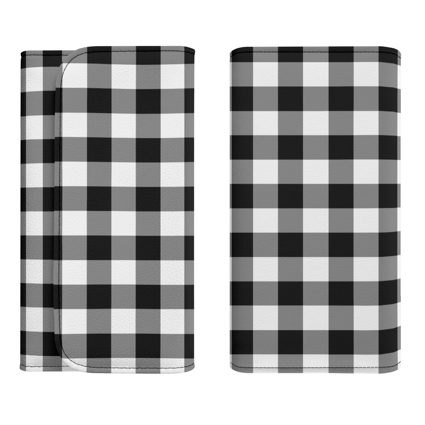 Buffalo Plaid Women Wallet, Black White Check Faux Leather Trifold Long Clutch Ladies Female Credit Cards Coins Cash Large Zipper Pocket
