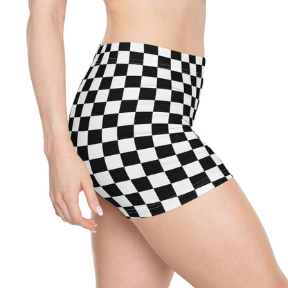Checkered Women Shorts, Black White Check Racing Yoga Biker Sport Workout Gym Festival Running Moisture Wicking Ladies Bottoms