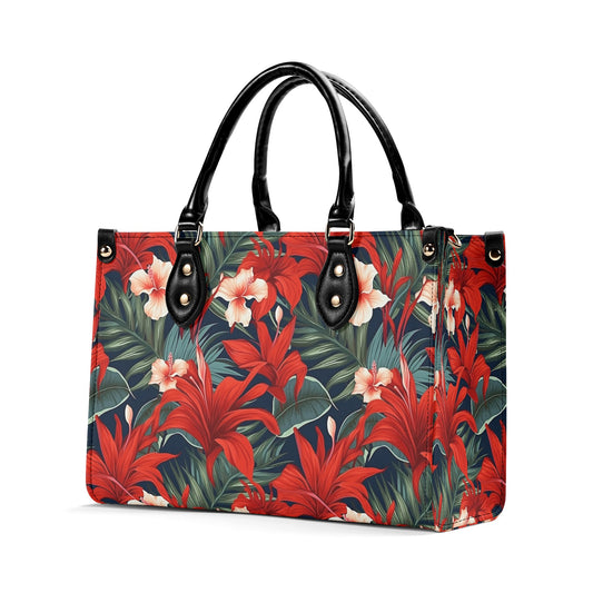 Red Flowers Shoulder Purse, Floral Tropical Crossbody Vegan Leather Top Handle Handbag Print Small Large Bag Women Ladies Designer Tote
