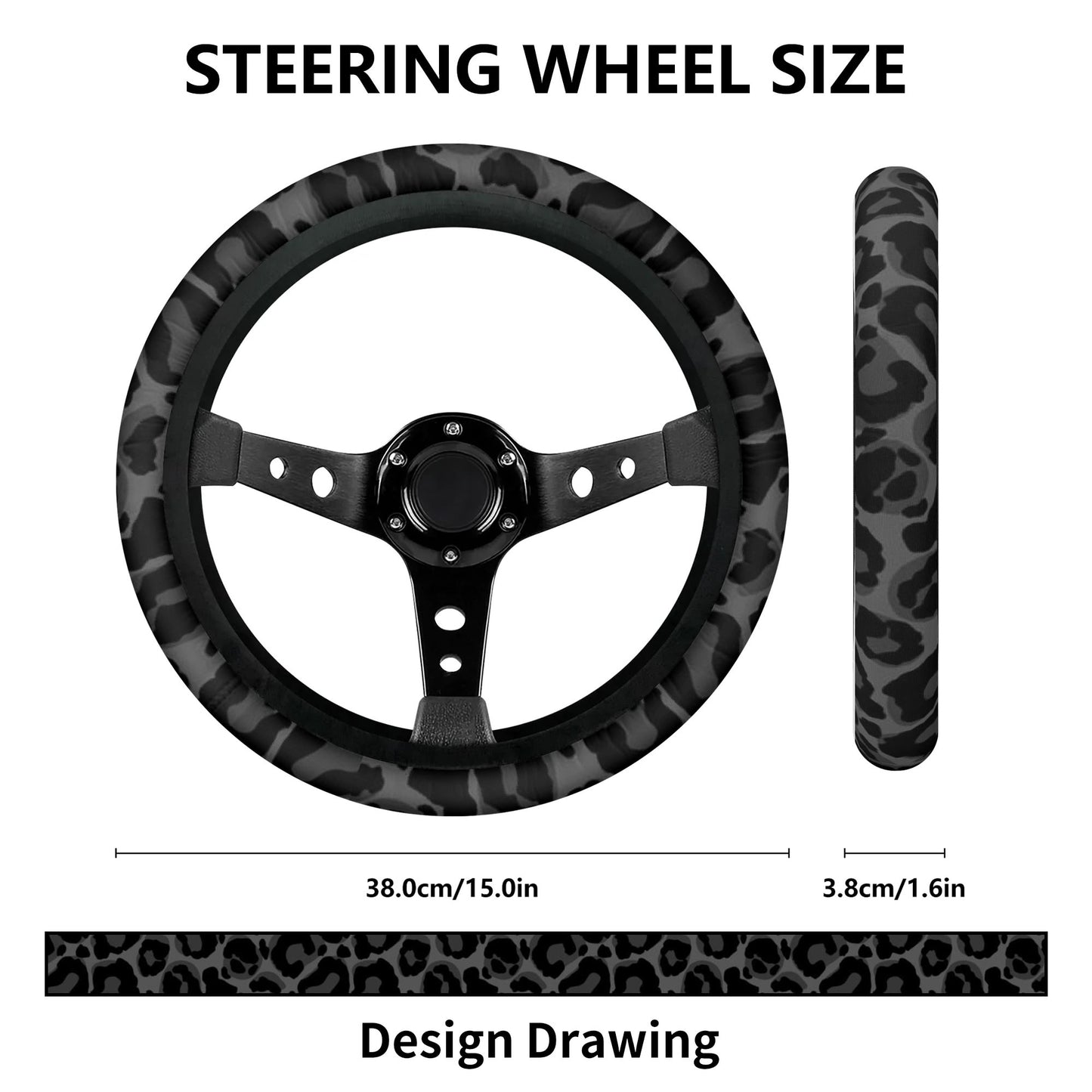 Black Leopard Steering Wheel Cover, Grey Leopard Animal Print Driving Cool Steer Print Car Auto Washable Wrap 15 inch Protector Men Women