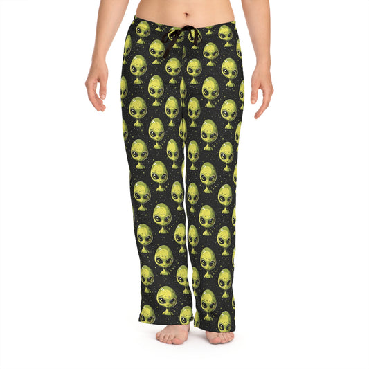 Alien Women Pajamas Pants, Green Black Space Satin PJ Funny Pockets Trousers Sleep Loungewear Ladies Female Trousers Bottoms