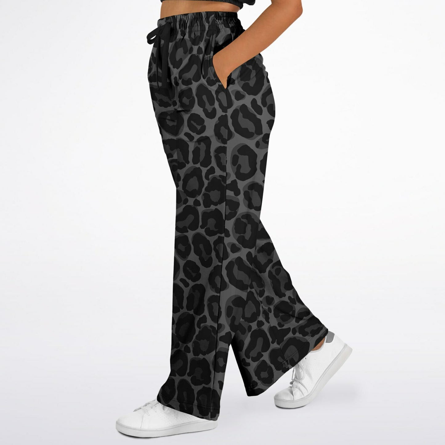 Black Leopard Wide Leg Jogging Pants, Grey Animal Cheetah Print Flare Sweatpants Pockets Women Flared Sweats Cotton Fleece Ladies Joggers