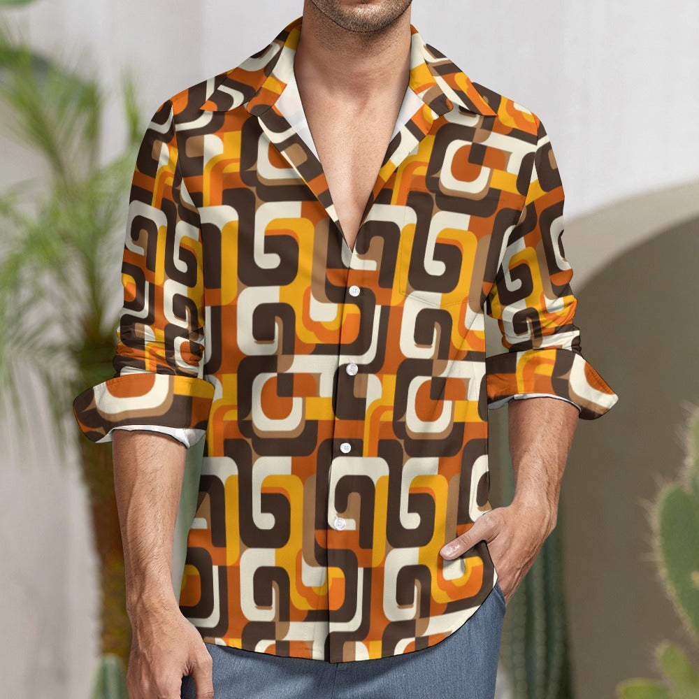 70s Retro Long Sleeve Men Button Up Shirt, Geometric Vintage Brown Orange Print Buttoned Down Collar Casual Dress Shirt with Chest Pocket
