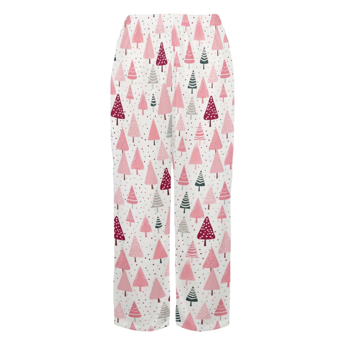 Pink Christmas Trees Women Pajamas Pants, Xmas Satin PJ Funny Pockets Trousers Couples Matching Ladies Female Trousers Bottoms