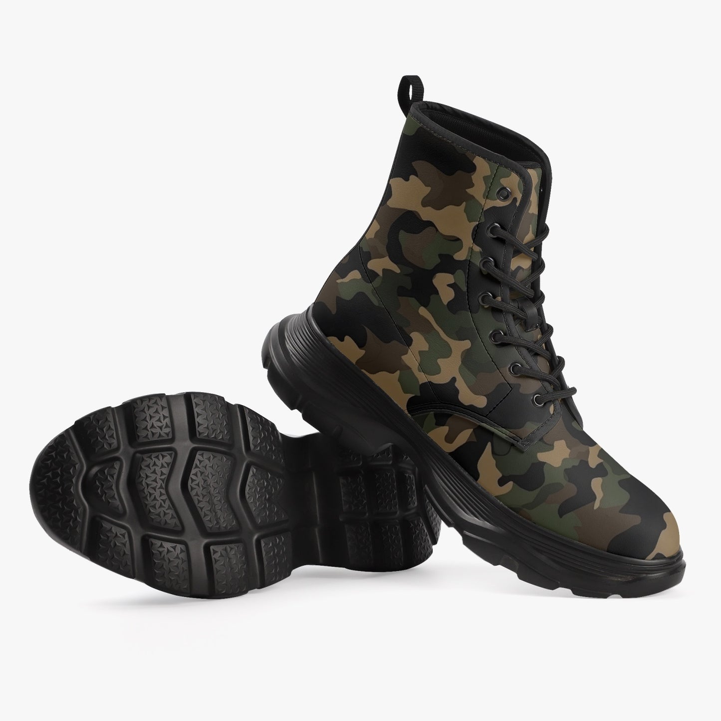 Camo Leather Chunky Boots, Camouflage Green Brown Lace Up Shoes Hiking Women Men Female Festival Black Ankle Combat Work Winter Casual Starcove Fashion