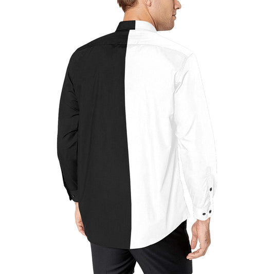 Half Black Half White Long Sleeve Men Button Up Shirt, Color Block Split Two Tone Combo Print Buttoned Collared Dress Shirt Chest Pocket - Starcove Fashion