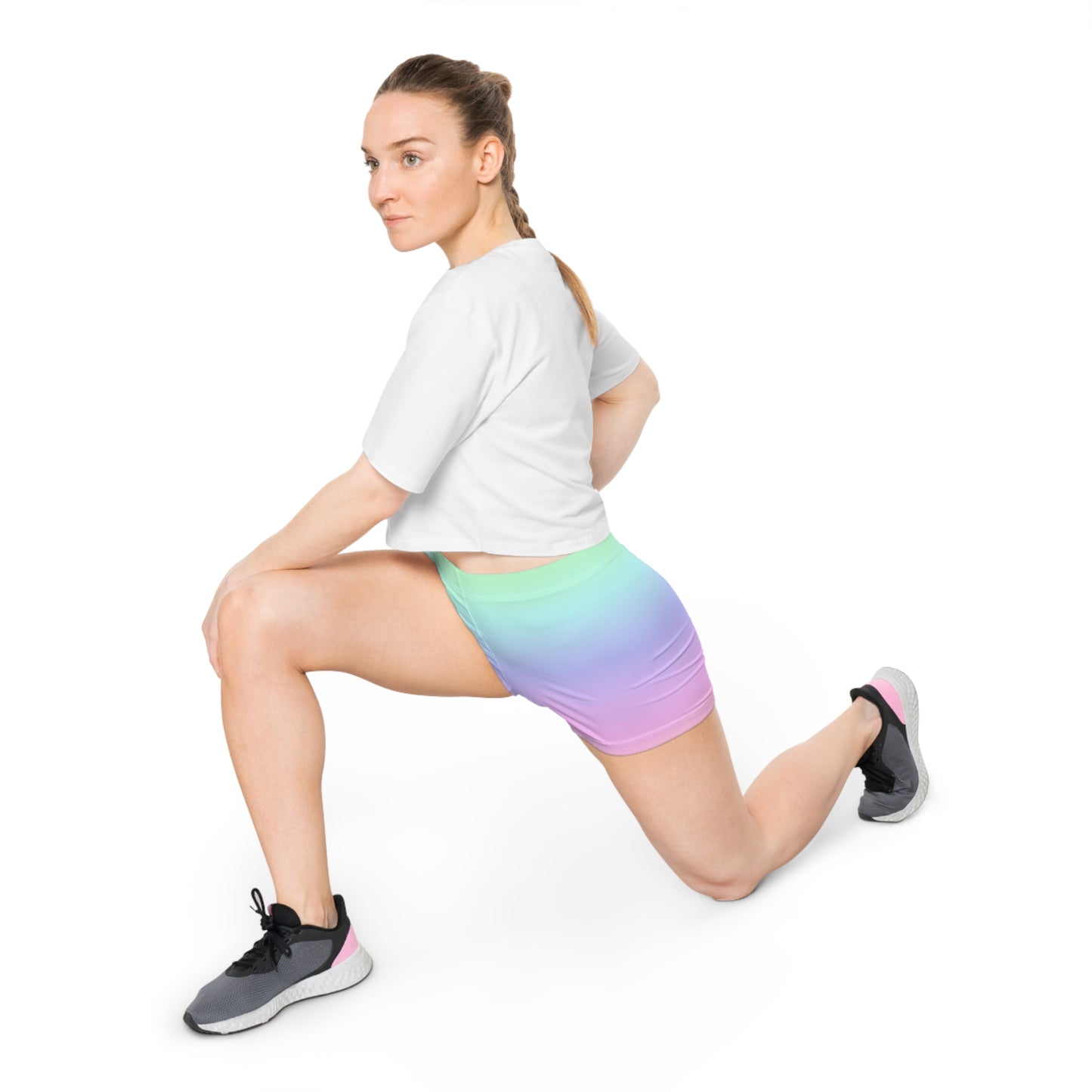 Pastel Rainbow Ombre Women Shorts, Tie Dye Pink Yoga Biker Sport Workout Gym Festival Running Moisture Wicking Ladies Spandex Bottoms - Starcove Fashion