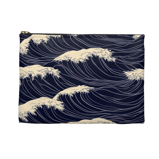Japanese Waves Print Zipper Pouch, Blue Ocean Sea Cute Makeup Wash Bags Toiletries Cosmetic Organizer Gifts Women Coin Accessory Purse