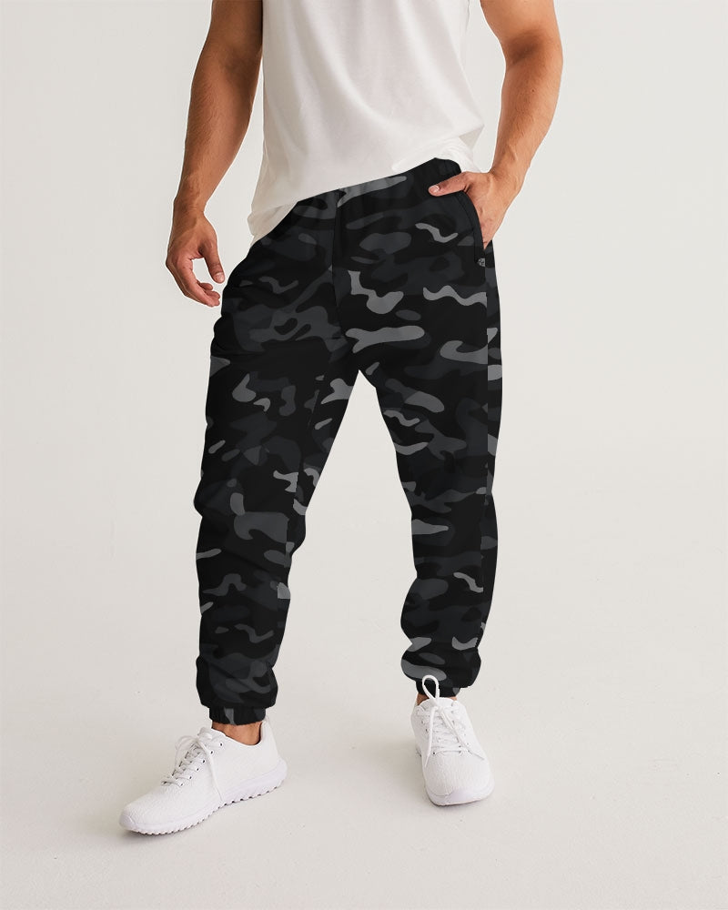 Black Camo Men Track Pants, Grey Camouflage Zip Pockets Quick Dry