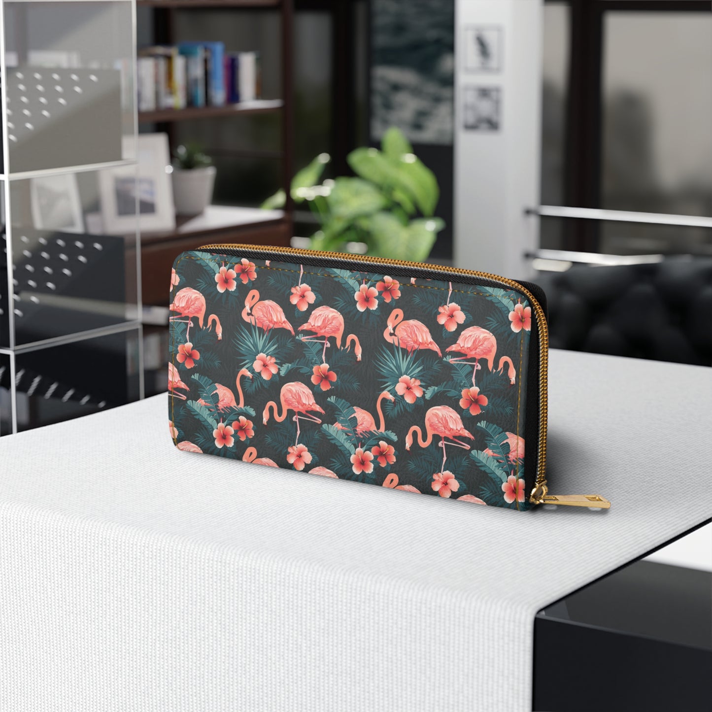 Pink Flamingo Leather Wallet Women, Floral Vegan Zipper Zip Around Coins Credit Cards Pocket Cash Ladies Female Pouch Slim Clutch Purse
