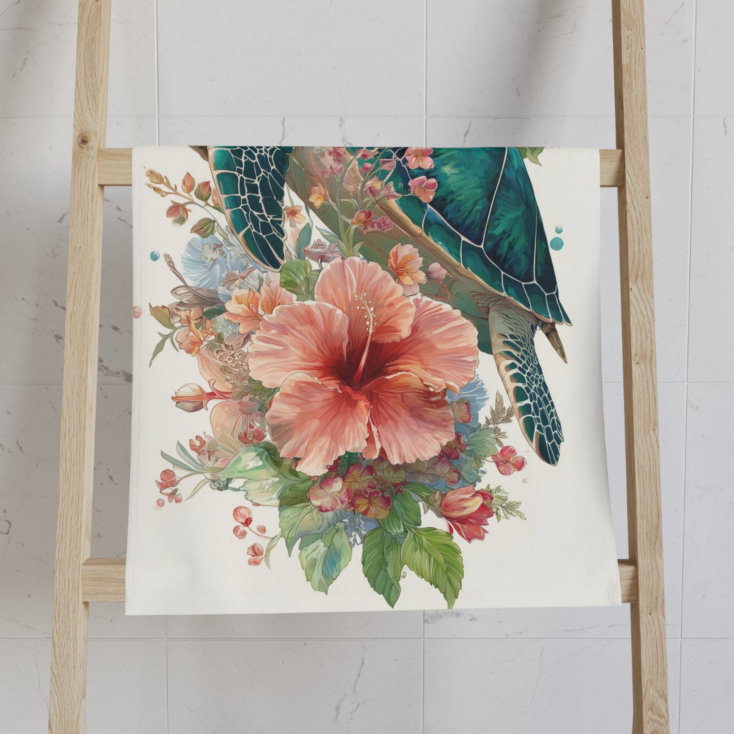 Floral Sea Turtle Hand Towel, Flowers Coastal Watercolor Guest Bath Softest Bathroom Spa Tea Cotton Kitchen Gift Her Women Sack Linen