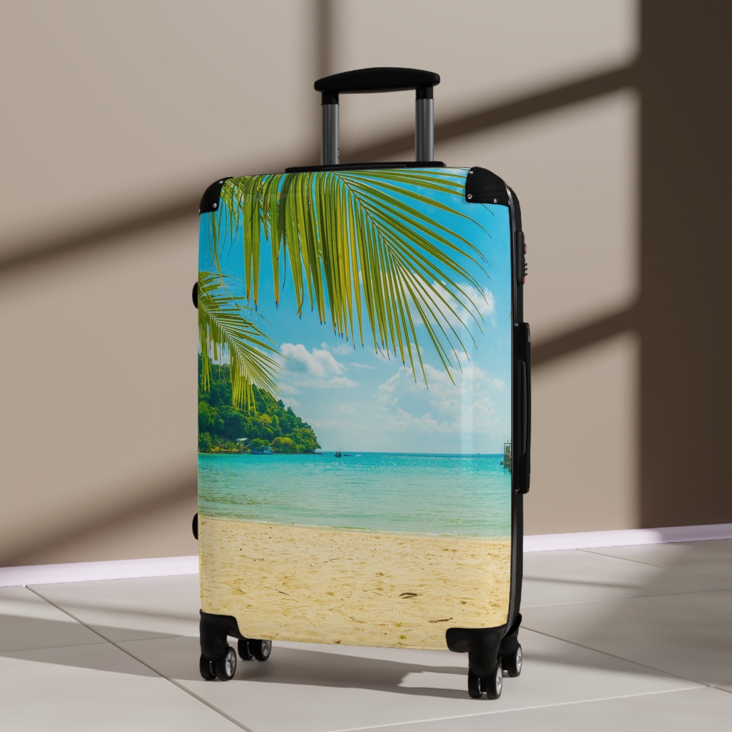 Tropical Beach Suitcase Luggage, Palm Tree Ocean Vacation Carry On With 4 Wheels Cabin Small Large Set Rolling Spinner Lock Hard Shell