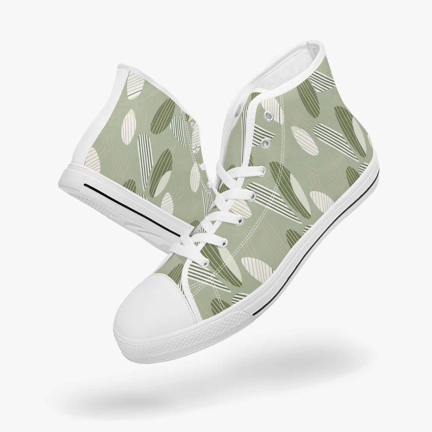 Sage Green High Top Shoes Sneakers, Minimalistic Boho Stripes Olive Men Women Lace Up Footwear Rave Canvas Streetwear Designer