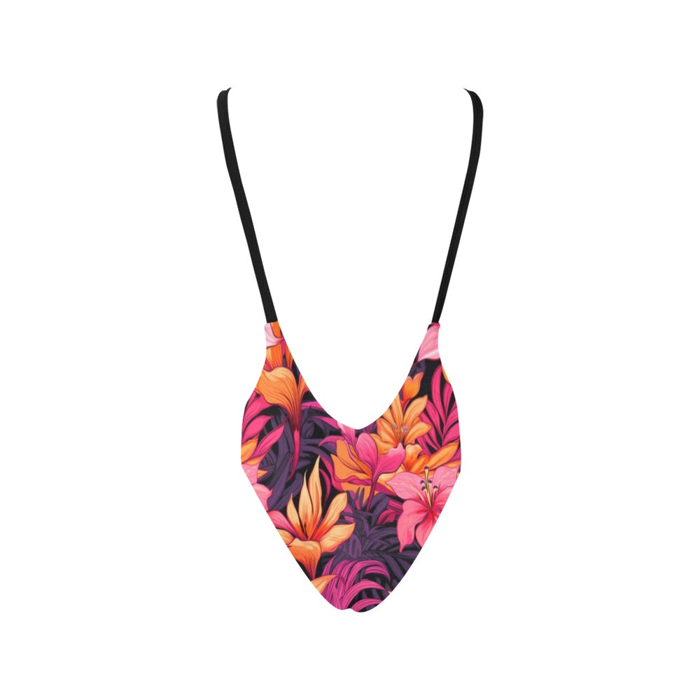 Floral One Piece Swimsuit for Women, Fuchsia Orange Tropical Sexy Cheeky Low Back Backless Plunge Cute Designer Ladies Swim Bathing Suit