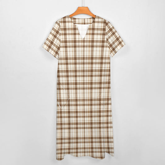 Brown Off White Plaid Women Maxi Dress, Tartan Check V-Neck Short Sleeve Evening Cocktail Ladies Handmade Designer Plus Size Outfit Pockets