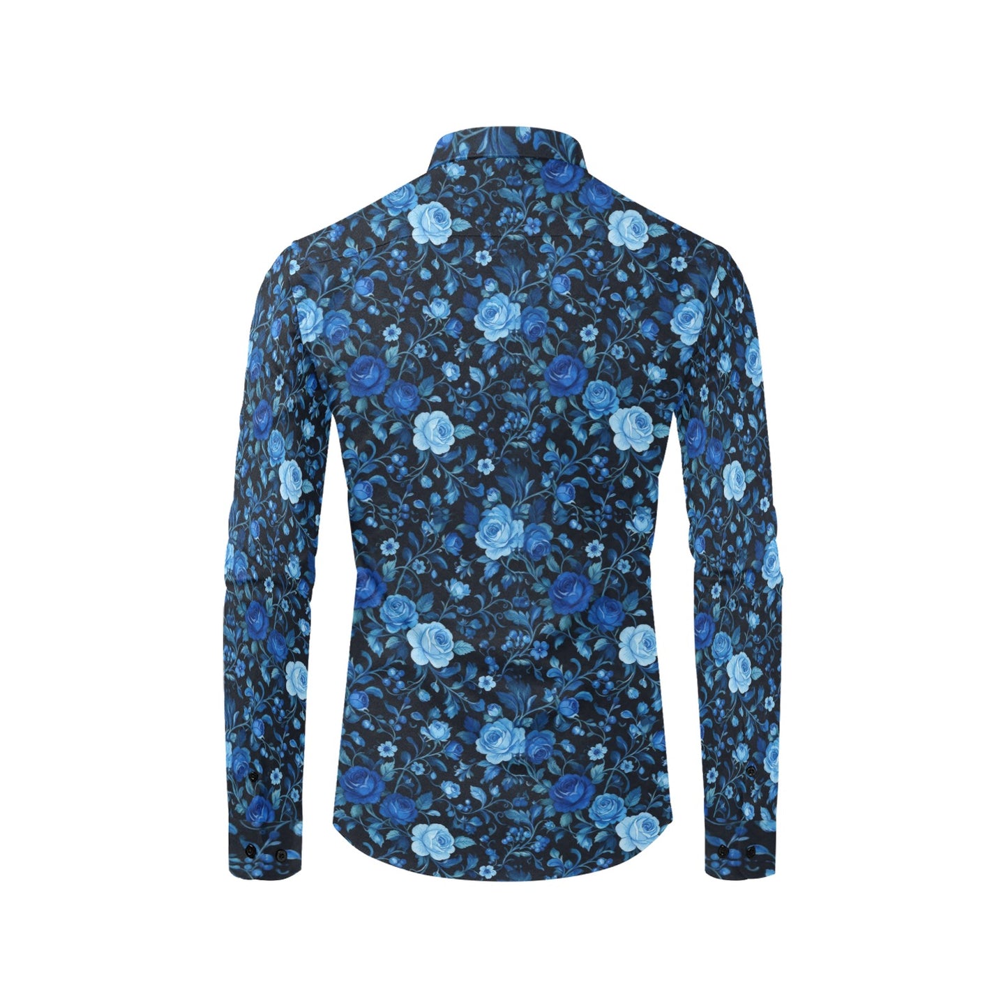 Black Blue Floral Long Sleeve Men Button Up Shirt, Rose Flowers Print Casual Buttoned Collared Designer Dress Shirt Chest Pocket Male