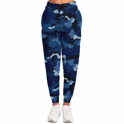 Navy Blue Camo Joggers Sweatpants with Pockets, Camouflage Women Men Fleece Sustainable Fun Comfy Sweats Pants Loungewear Starcove Fashion