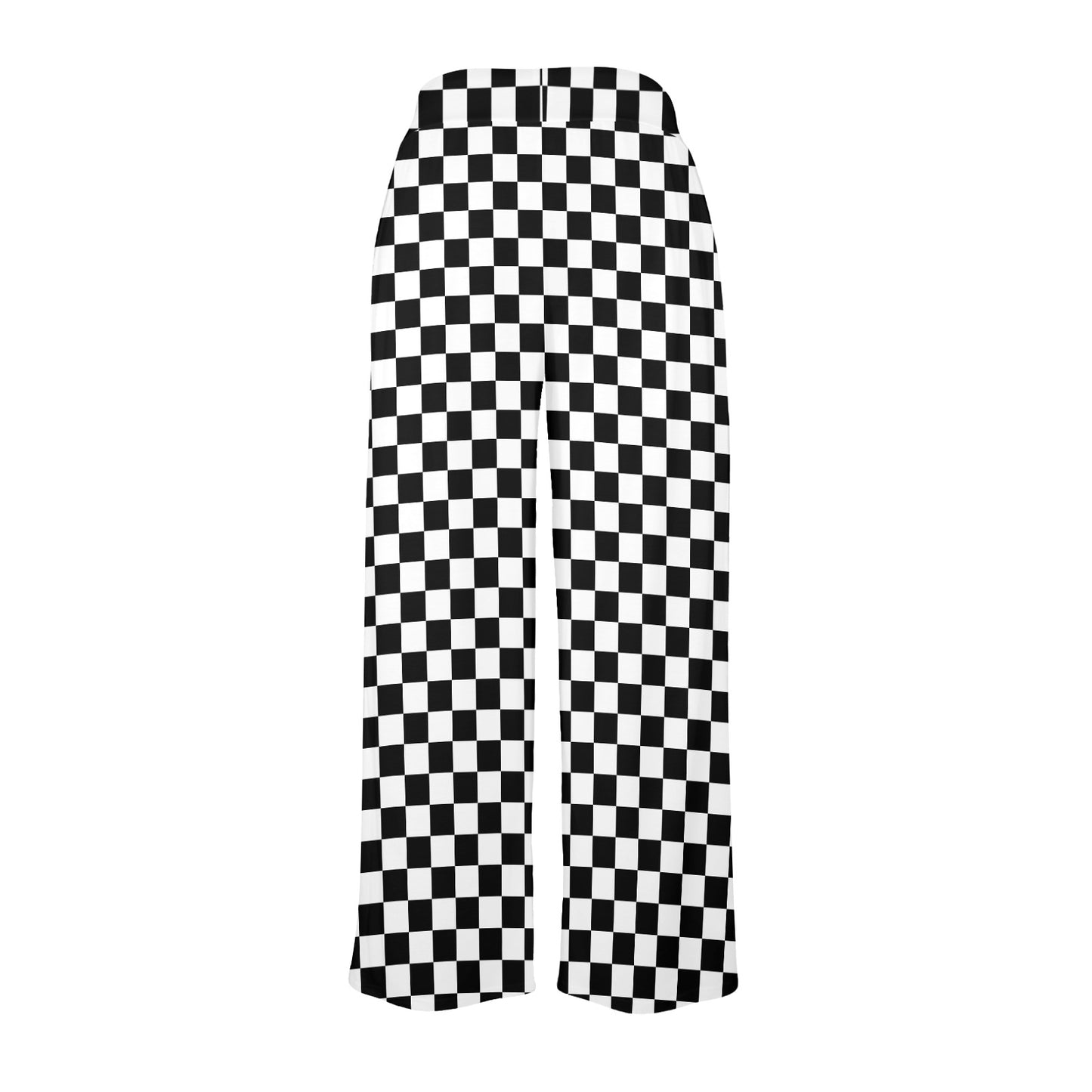 Checkered Women Wide Leg Pants Pockets, Black White Check Racing Yoga Trousers High Waisted Ladies Comfy Drawstring Lounge Flowy Summer - Starcove Fashion