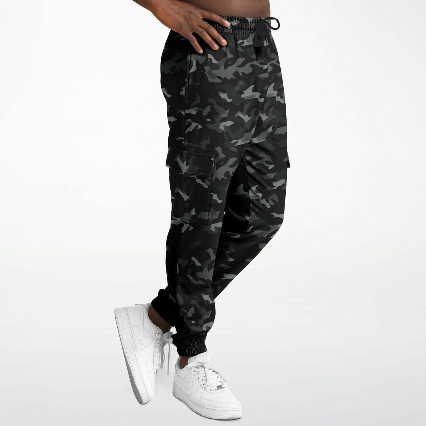 Black Camo Cargo Pants with Flap Pockets, Camouflage Men Women Fleece Joggers Sweatpants Cotton Sweats Streetwear Trousers Starcove Fashion