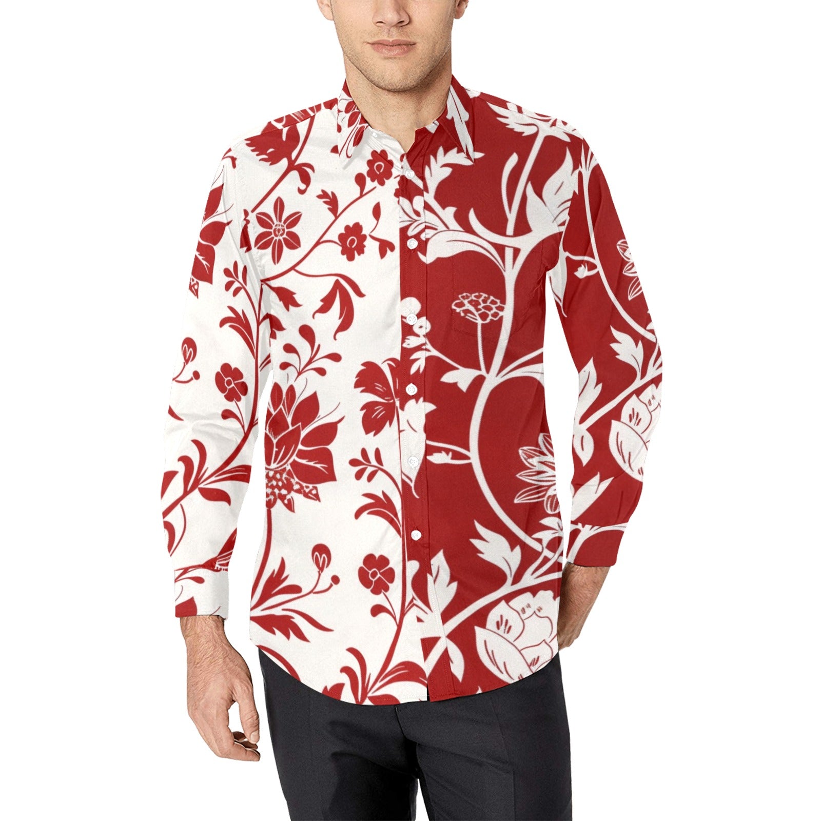 mens red floral dress shirt Mens Red Floral Dress Shirt 70s Long Sleeve Dahlia Daze 3XL