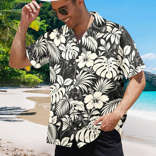 Black Cat Hawaiian Men Shirt, Peeking Black White Kitten Hibiscus Floral Beach Vintage Aloha Hawaii Tropical Plus Size Guys Button Down