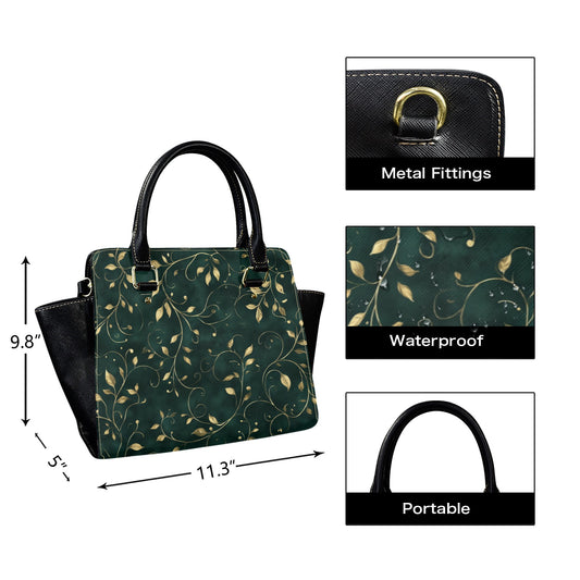 Dark green Leather Purse Handbag, Vines Leaves Gold Print Vintage Designer Women Ladies Satchel Top Zip Handle Black Bag Shoulder Strap