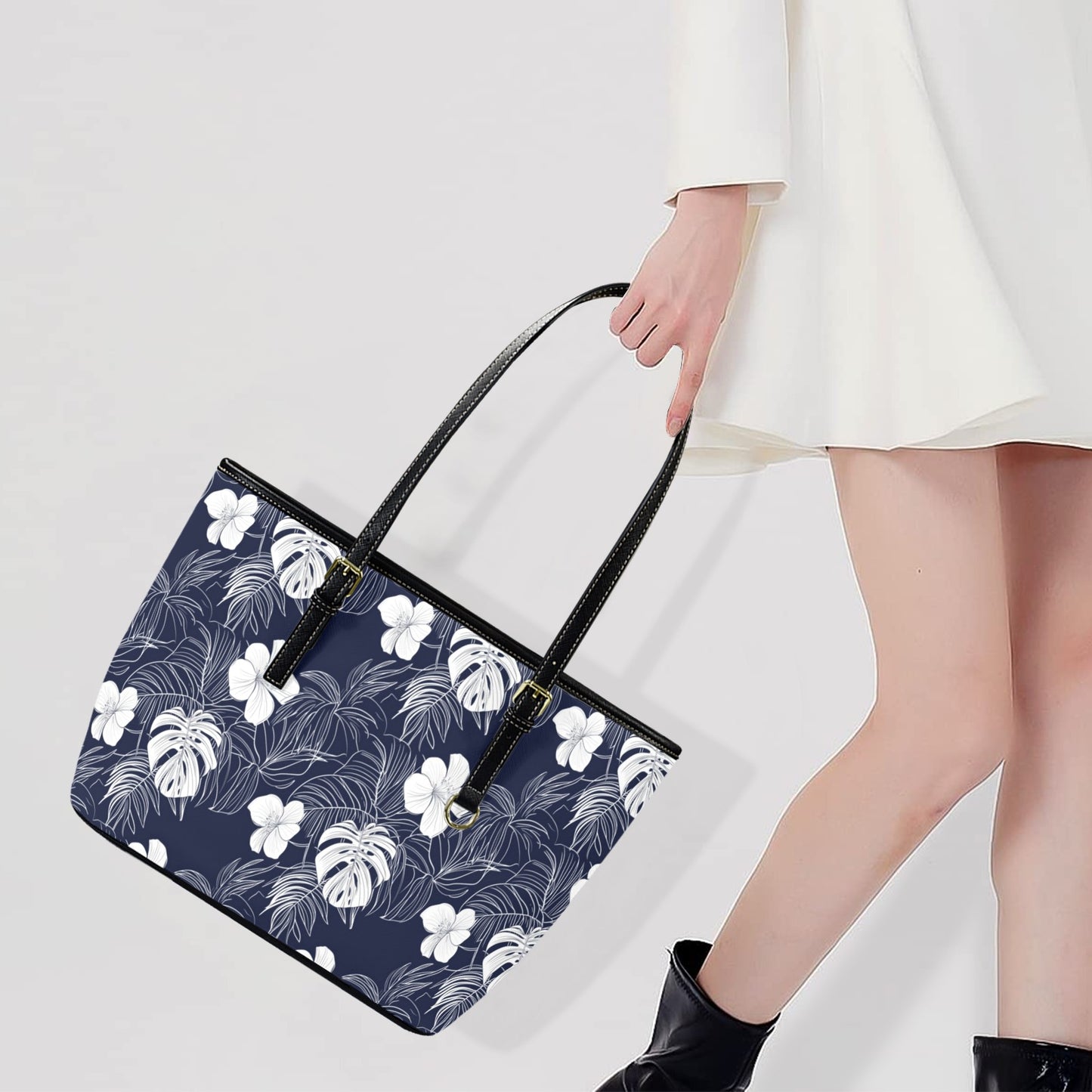 Navy Blue White Floral Tote Bag Purse, Hibiscus Flowers Art Women Vegan Leather Handbag Zip on Top Designer Handmade Shoulder Ladies Bag