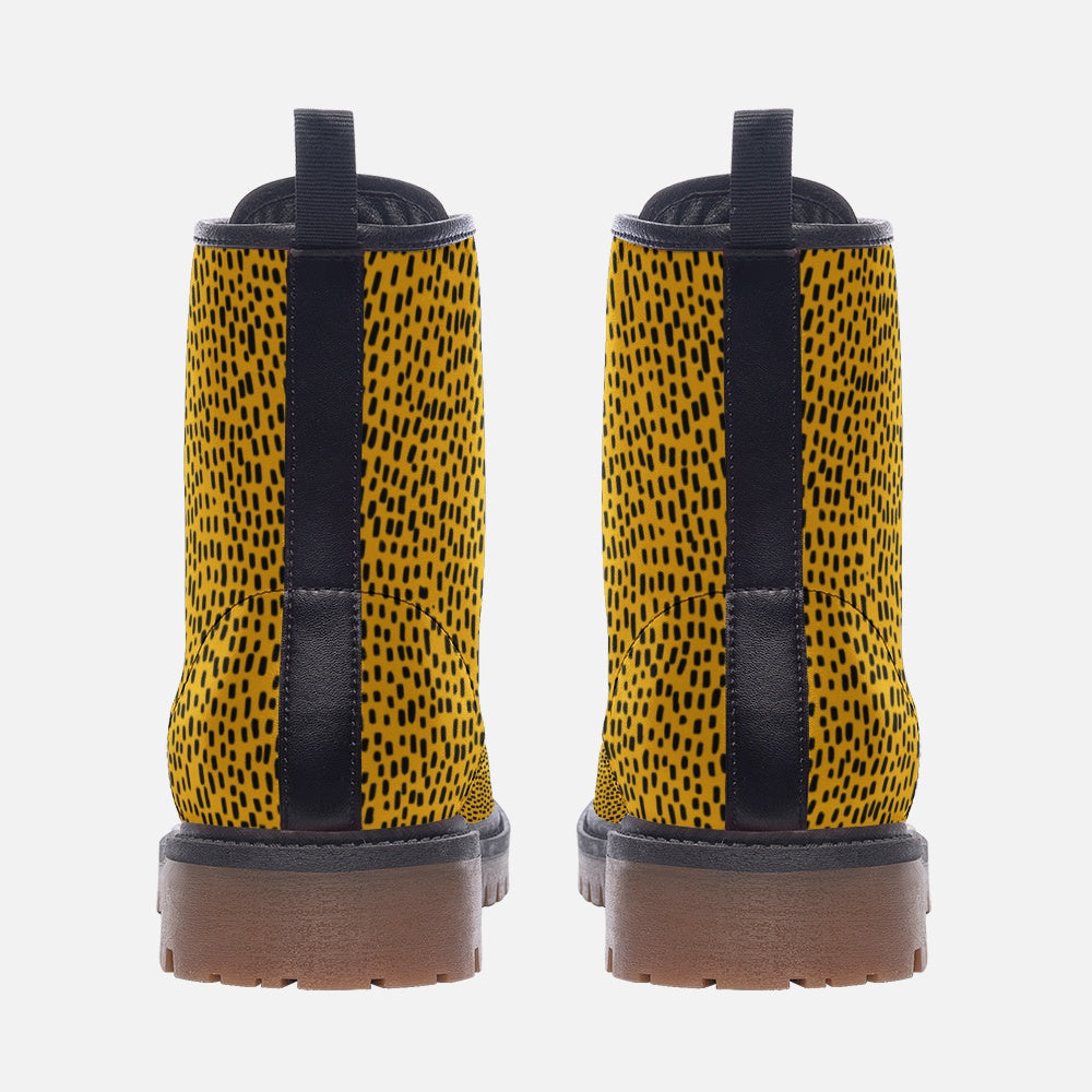Yellow Dots Leather Boots, Abstract Lace Up Shoes Hiking Women Men Female Festival Black Ankle Combat Work Winter Casual Custom