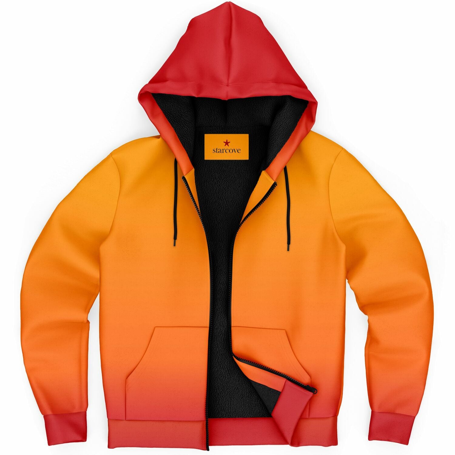 Orange Red Ombre Zip Up Fleece Lined Hoodie, Tie Dye Gradient