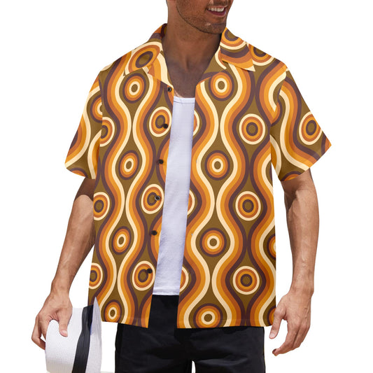 70s Men Big Collar Shirt, Brown Retro Vintage 1970s Disco Vintage Aloha Hawaii Hawaiian Plus Size Guys Button Up Down Short Sleeve