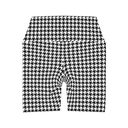 Houndstooth Women Shorts, White Black High Waisted Yoga Biker Cycling Sport Workout Gym Festival Running  Sexy Festival Spandex Bottoms