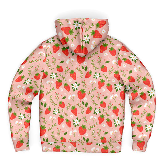 Strawberry Zip Up Fleece Lined Hoodie, Pink Floral Flowers Sherpa Heavyweight Full Zipper Men Women Unisex Graphic Hooded Sweatshirt Jacket