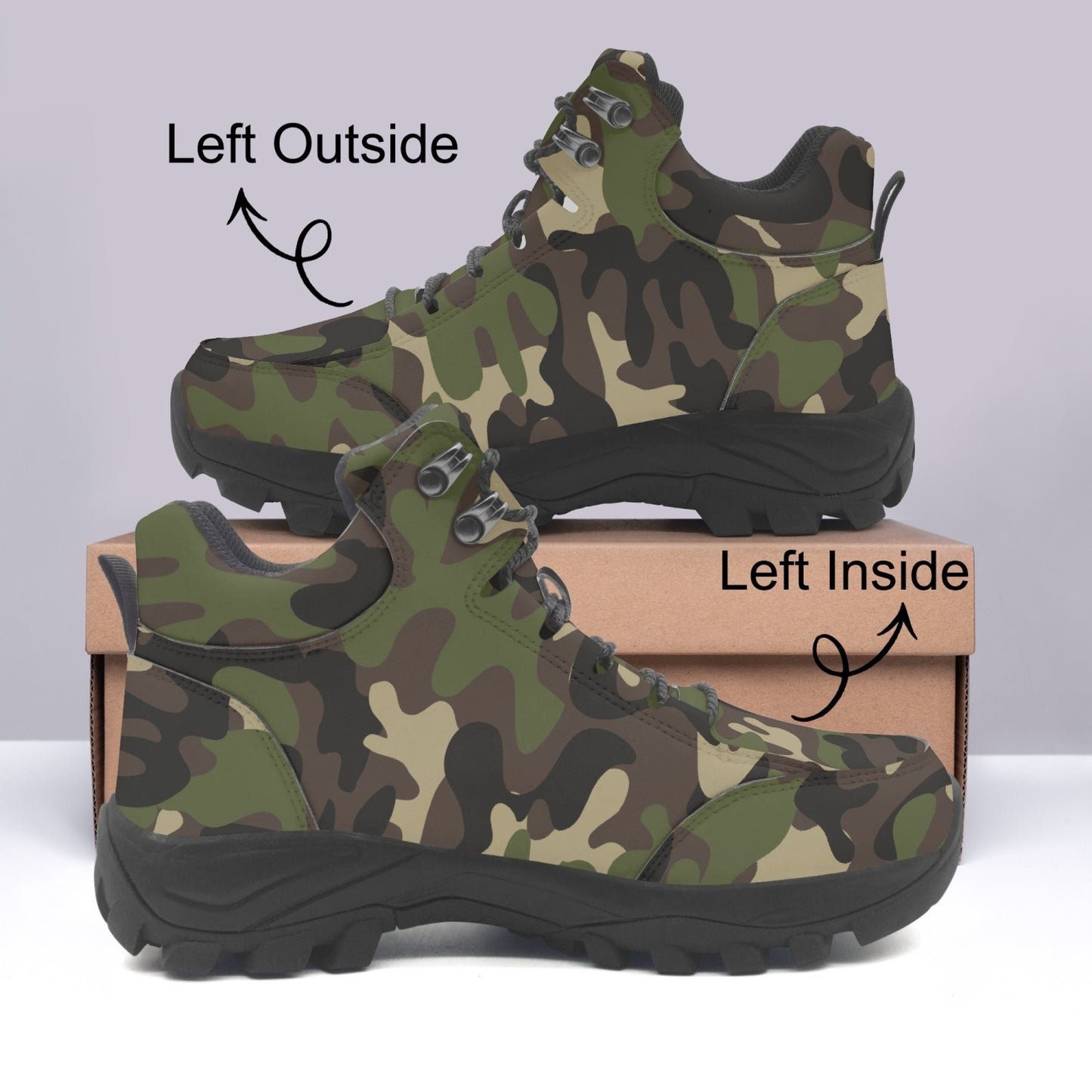 Camo Hiking Leather Boots, Green Army Camouflage Men Women Lace Up Walking Hunting Rubber Shoes Print Black Ankle Winter Casual Work Starcove Fashion