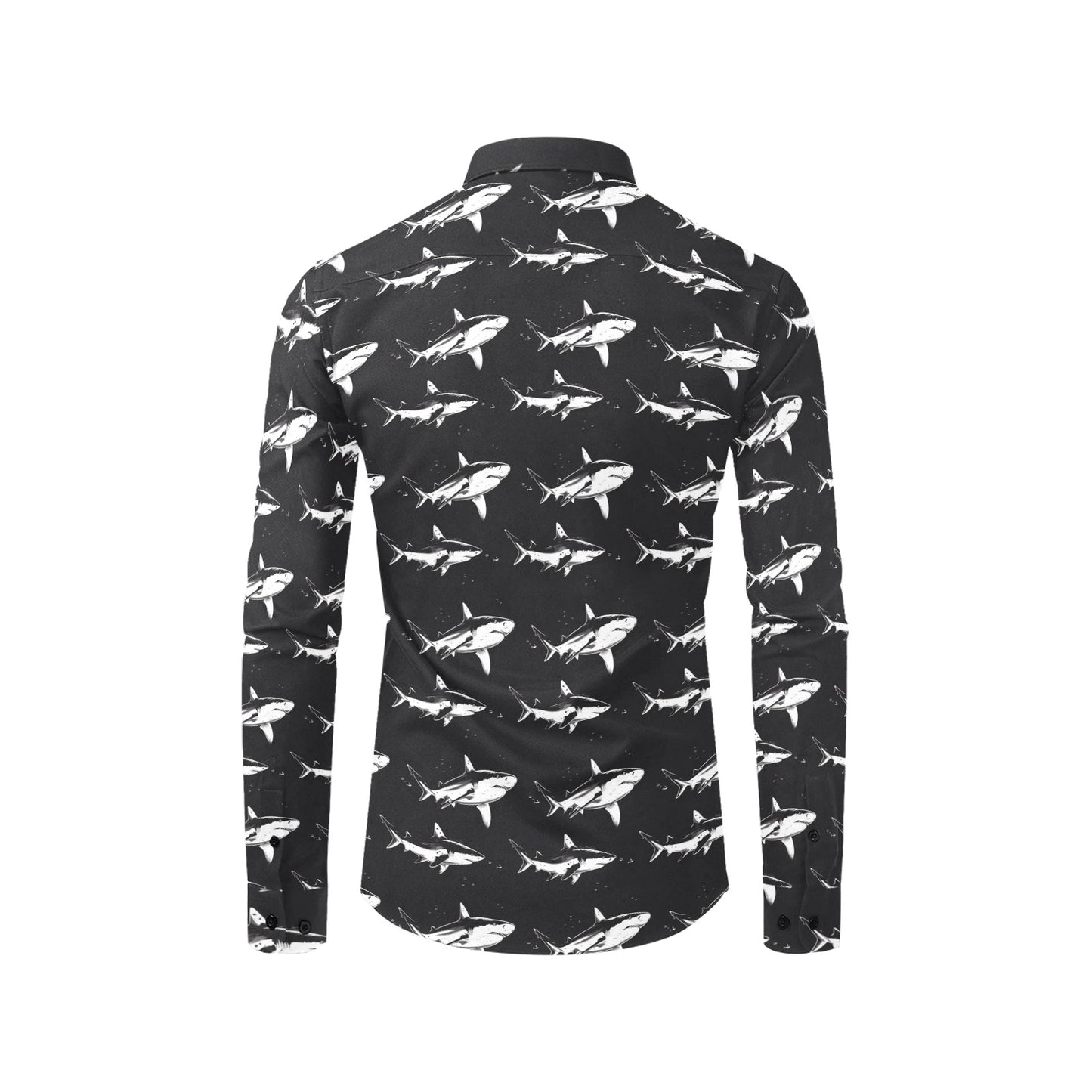 Great White Shark Long Sleeve Men Button Up Shirt, Nautical Ocean Beach Black Print Dress Buttoned Collar Casual Male Guy Plus Size Shirt