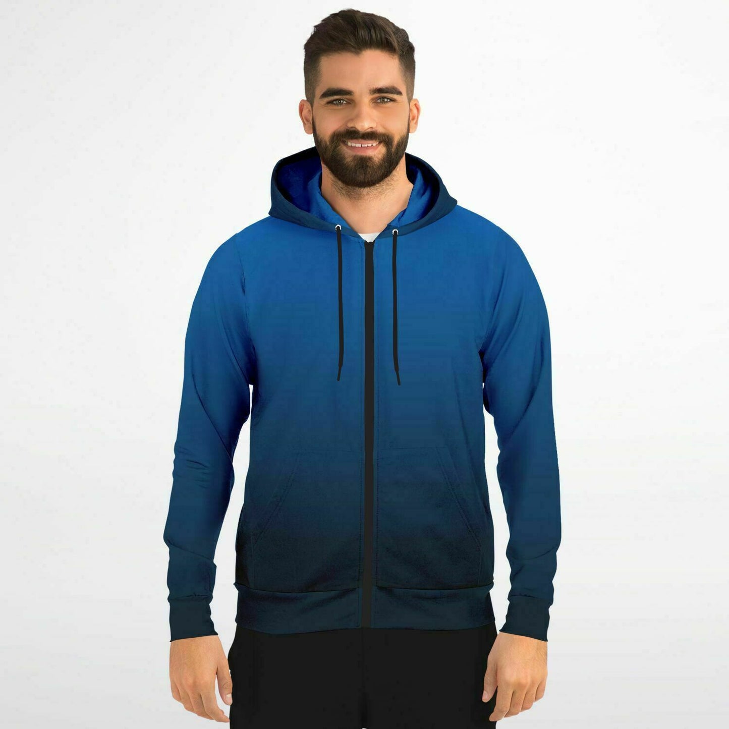 Black Blue Ombre Zip Up Hoodie, Gradient Tie Dye Full Zipper Pocket Men Women Unisex Aesthetic Cotton Fleece Hooded Sweatshirt