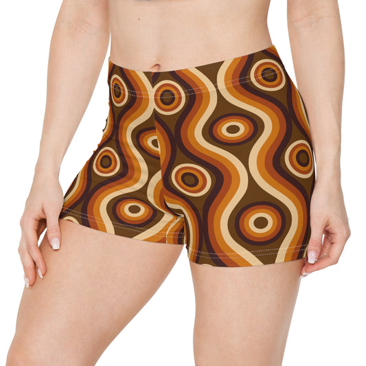 Groovy Women Shorts, Brown 70s Retro Stripe Yoga Biker Sport Workout Gym Festival Running Moisture Wicking Ladies Spandex Bottoms Activewear
