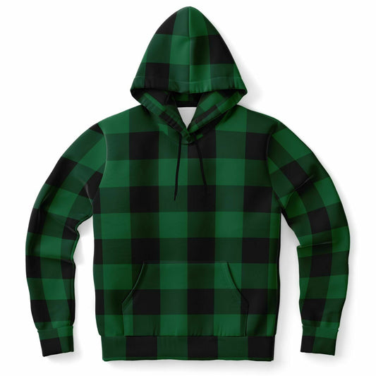 Green Black Buffalo Plaid Hoodie, Check Gingham Pullover Men Women Adult Aesthetic Graphic Cotton Hooded Sweatshirt Pockets