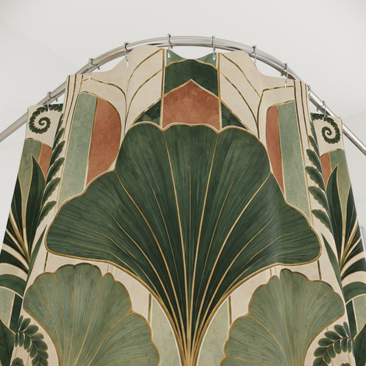 Art Deco Botanical Shower Curtain, Ginkgo Leaves Palm Fronds Ferns Plant Nature Waterproof Fabric Bathroom Decor Housewarming Gift 71" x 74"