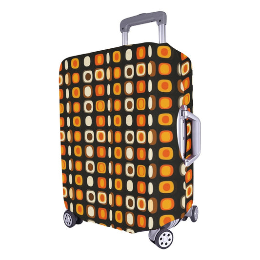 Vintage Geometric Luggage Cover, Retro 70s Seventies Brown Orange Funky Print Suitcase Bag Washable Protector Small Large Travel Gift