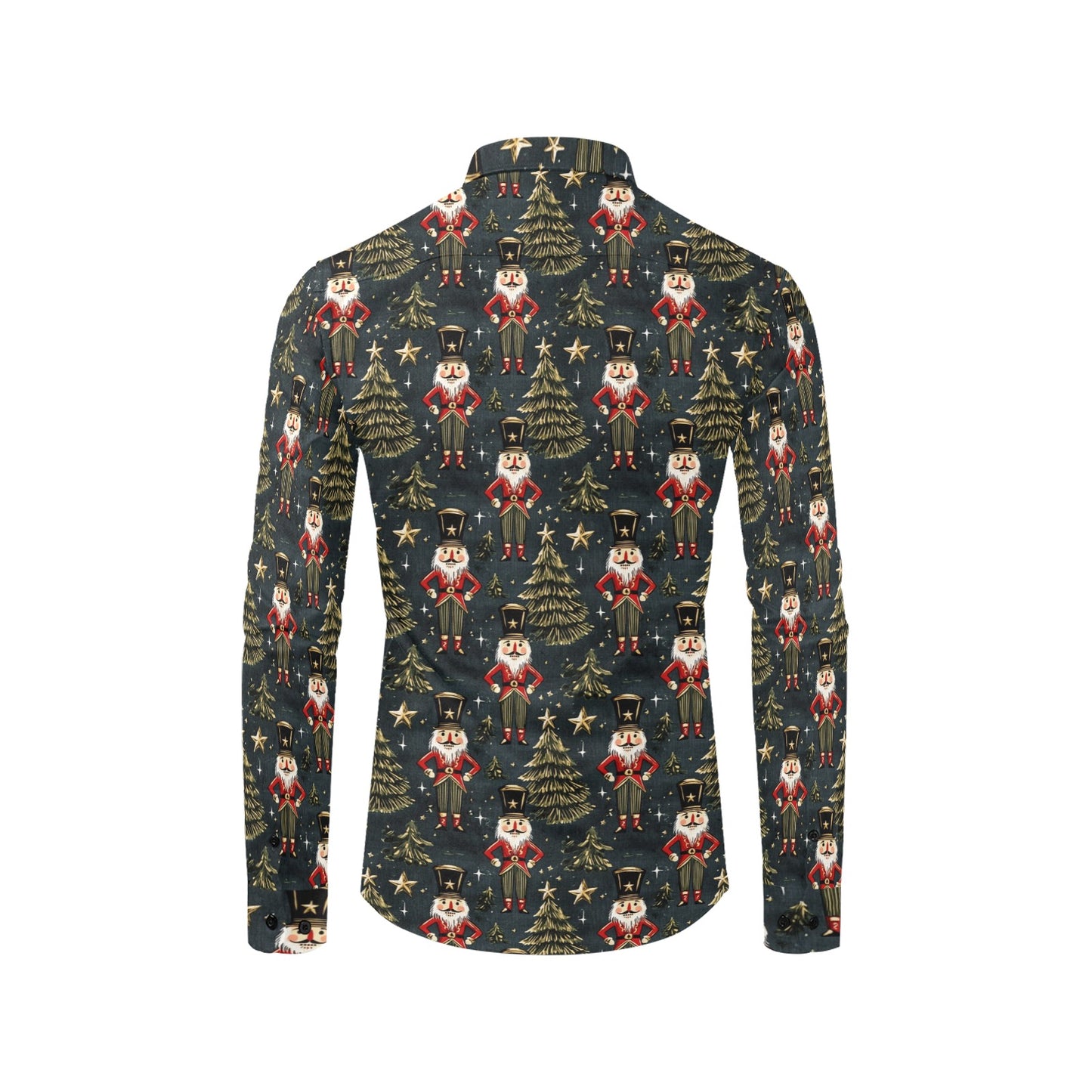 Nutcracker Christmas Long Sleeve Men Button Up Shirt, Xmas Trees Green Casual Buttoned Collared Designer Male Guys Dress Shirt Chest Pocket