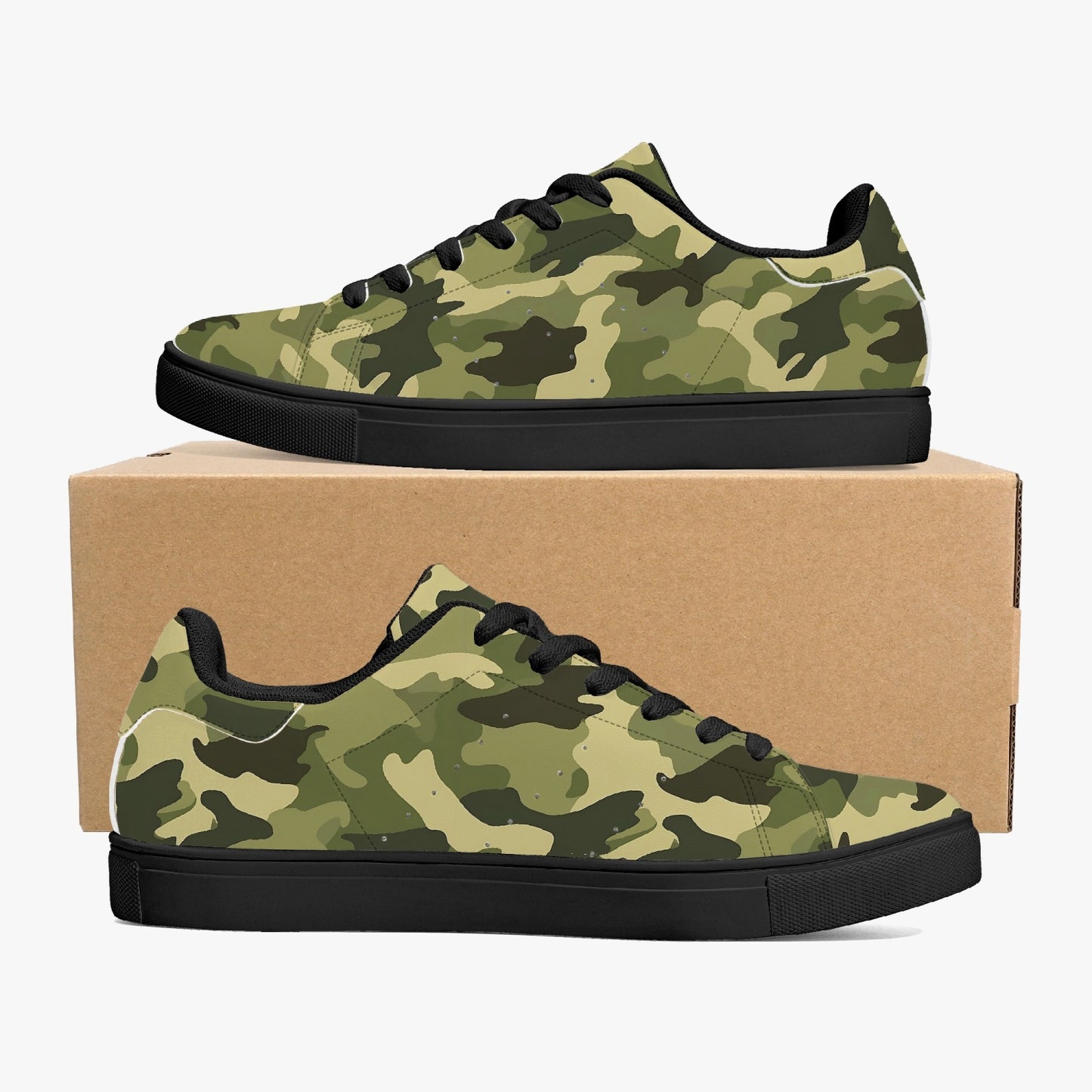 Sage Green Camo Vegan Leather Shoes, Camouflage Olive Men Women Sneakers White Black Low Top Lace Up Designer Casual Starcove Fashion