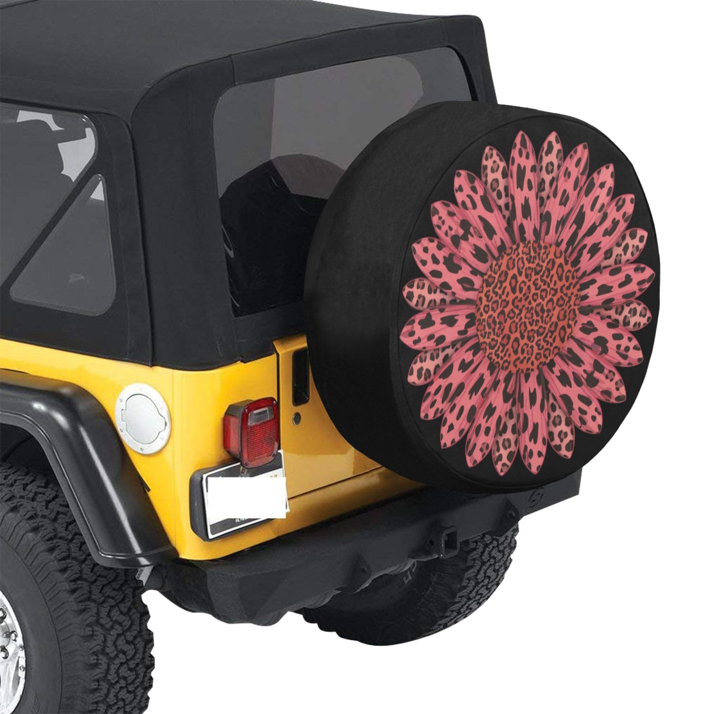 Pink Leopard Sunflower Car Spare Tire Cover, Cheetah Back Rear Extra Wheel Floral Flowers Black Camera Hole Unique Women RV Camper Auto