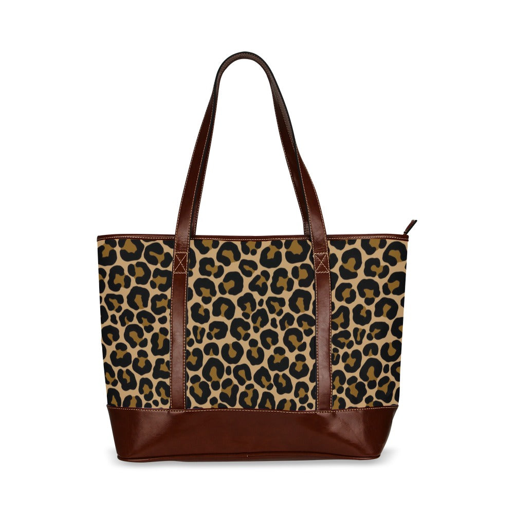 Leopard Canvas Tote Bag Zipper, Animal Print Waterproof Pockets Beach