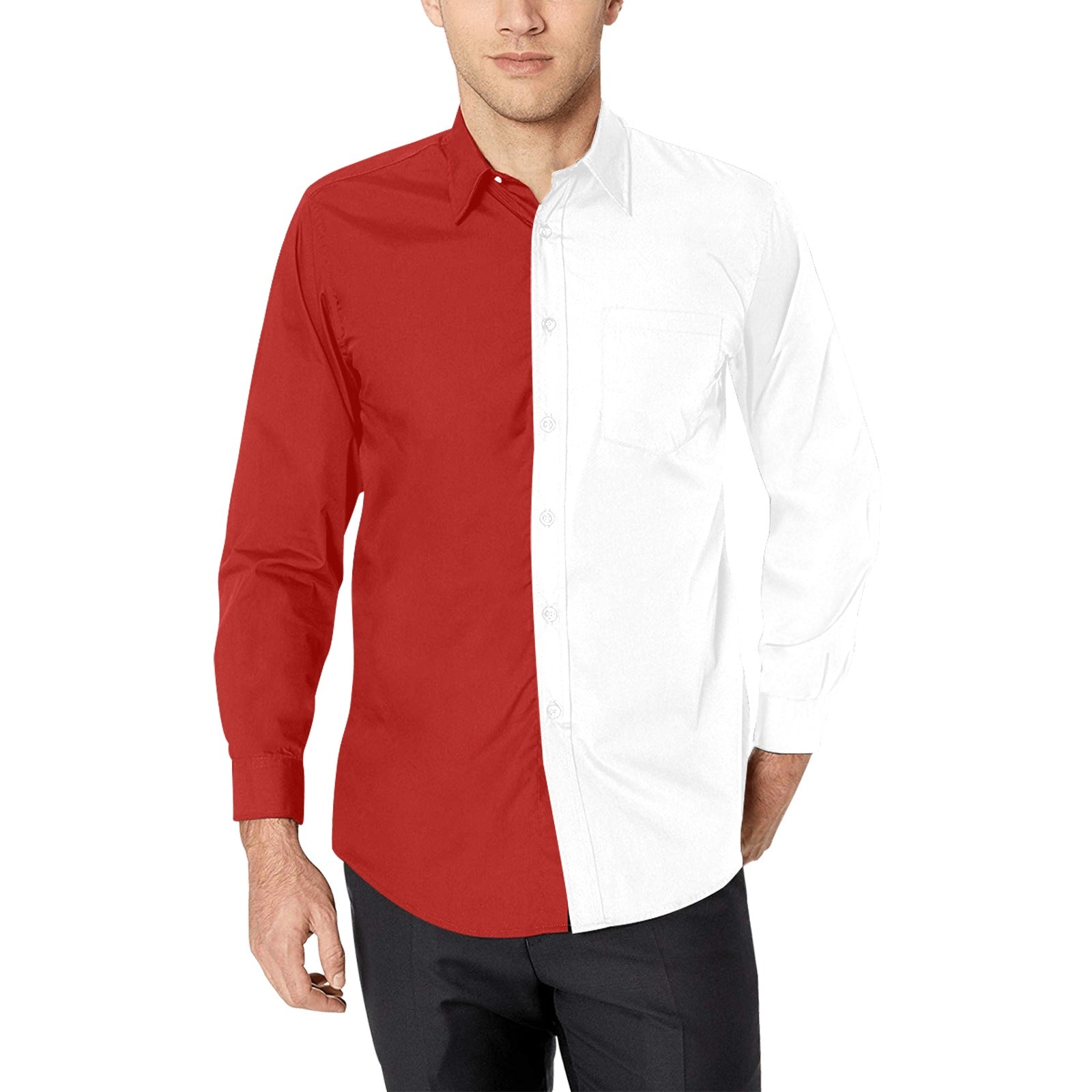 Half Red Half White Men Button Up Shirt, Long Sleeve Color Block Split Two Tone Combo Print Buttoned Collared Guys Casual Dress Chest Pocket 3XL