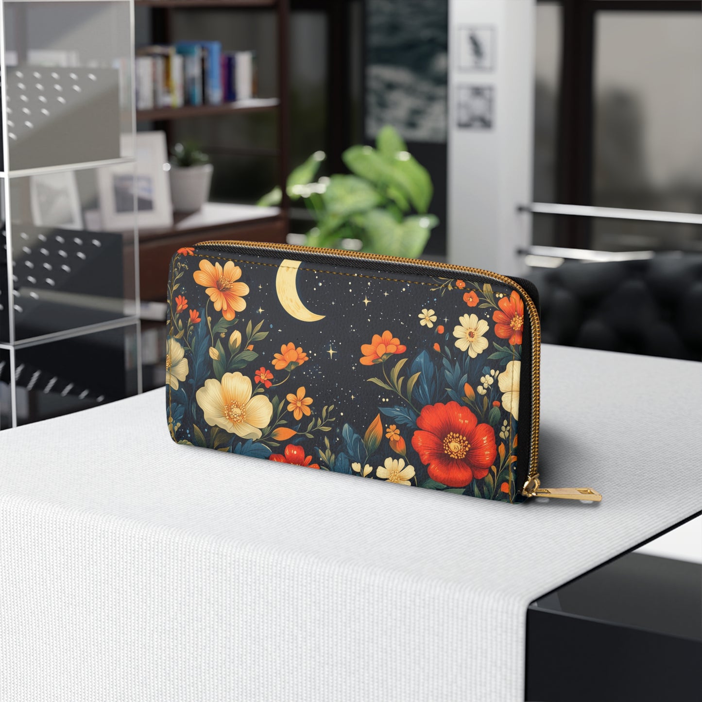 Floral Moon Leather Wallet Women, Stars Flowers Vegan Zipper Zip Around Coins Credit Cards Pocket Cash Ladies Female Pouch Slim Clutch Purse