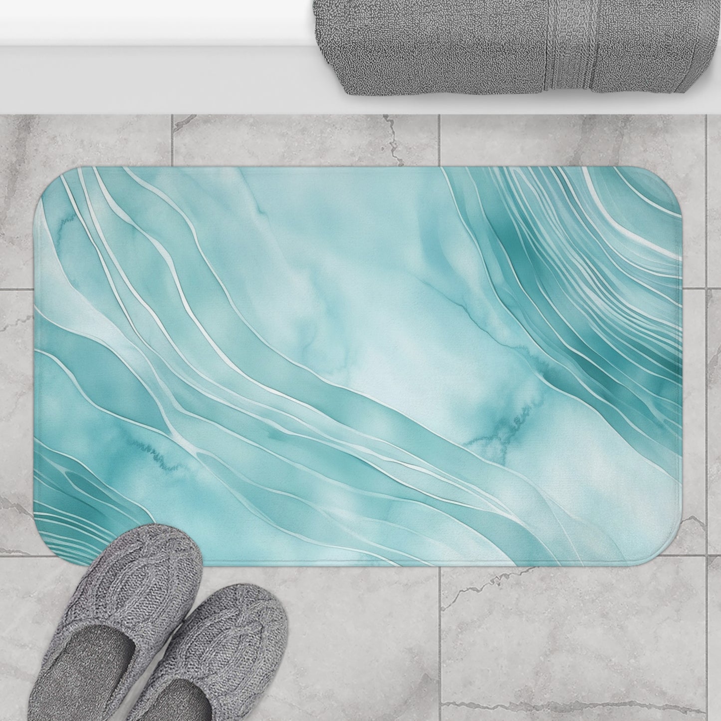 Aqua Blue Bath Mat, Marble Print Quick Dry Luxury Memory Foam Cute Shower Bathroom Decor Non Slip Floor Large Small Absorbent Washable Rug
